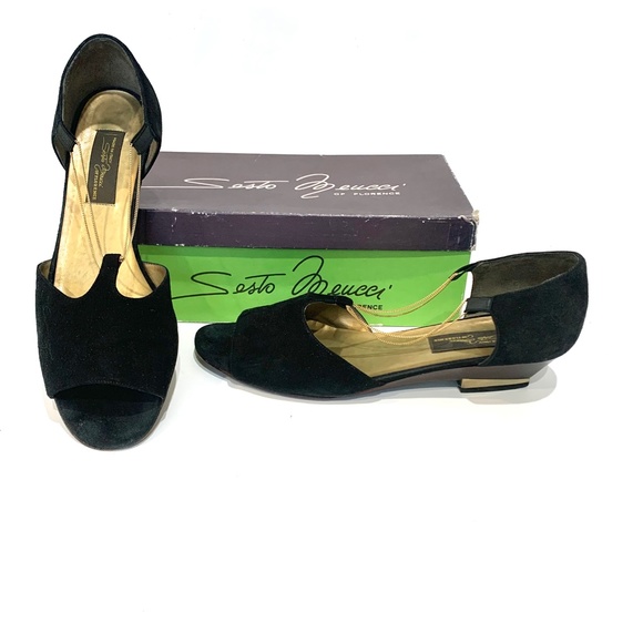 Sesto Meucci Vintage Black Suede Ballet Flats Gold Chain Gold Metal Heel D’orsay - Picture 14 of 15